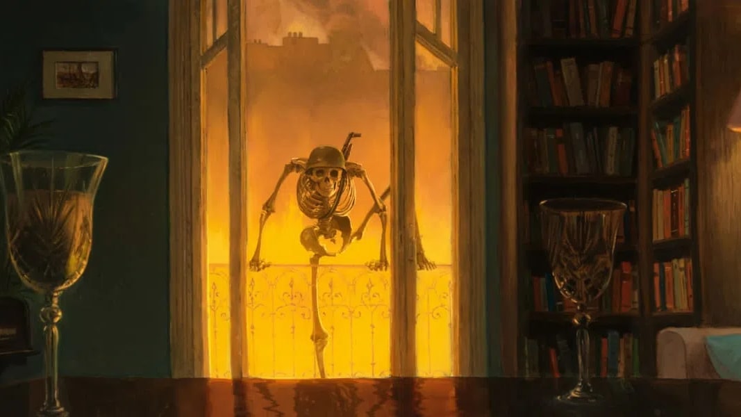 This image is a frame from the apocalyptic animated short film Danse Macabre (2026), directed by Dutch filmmaker and painter Hisko Hulsing. Set to the second movement of Dmitri Shostakovich's Symphony No. 10, the film uses over 75 hand-painted oil canvases combined with 2D and CG animation to create a nightmarish, hand-crafted aesthetic. The scene depicts a skeletal soldier wearing a helmet peering through a library window into a room with crystal goblets, against a backdrop of a city engulfed in orange flames.