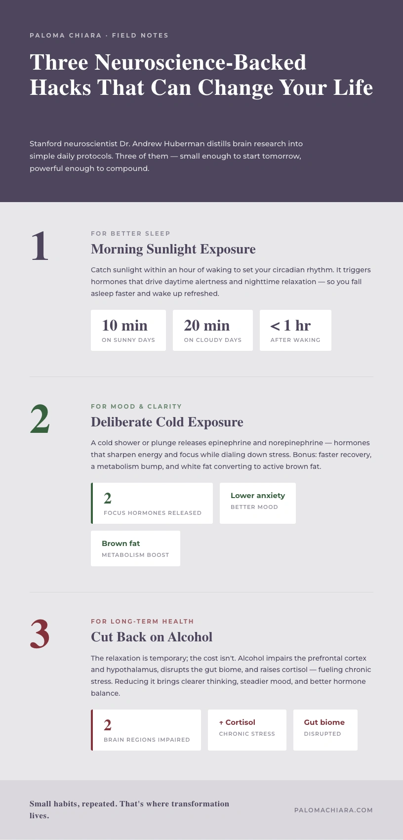 Infographic explaining three neuroscience-backed hacks that can change your life