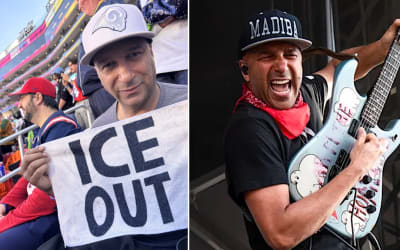 Tom Morello Holds Up “ICE OUT” Rally Towel at Super Bowl
