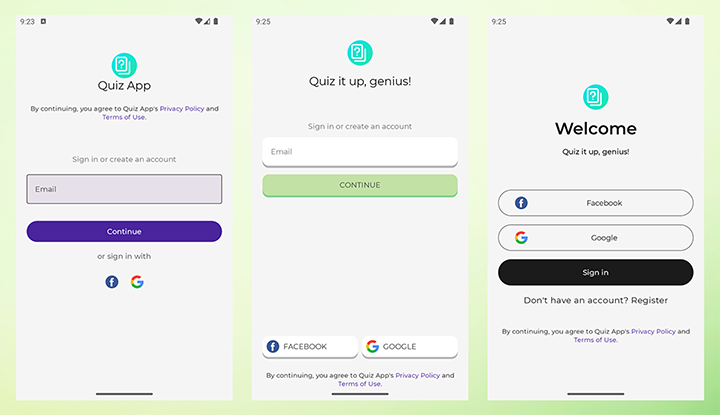 Three different auth screens
