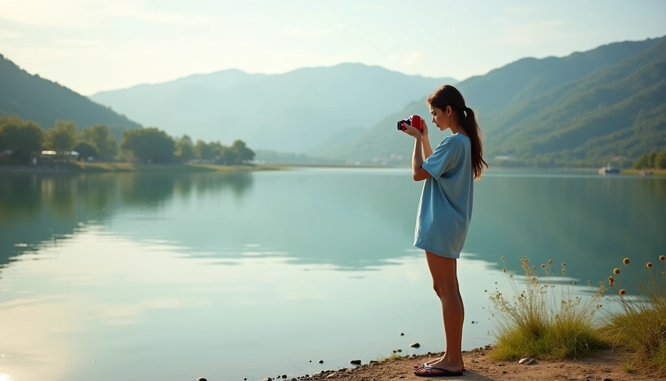 **Prompt: Redesign the scene of a person capturing a photograph by a serene lake.**
- **Subject:** A young woman wearing a loose-fitting, light blue T-shirt.
- **Camera type:** A compact digital camera with a vibrant red body.
- **Background:** A calm lake reflecting a clear sky, surrounded by rolling green hills with a few scattered trees, and some distant mountains.
- **Lighting:** Soft, golden hour lighting casting gentle shadows, creating a warm atmosphere.
- **Pose:** The woman is standing on the shore, slightly angled to the left, focused intently on the camera viewfinder.
- **Footwear:** Casual flip-flops instead of sneakers.
- **Surroundings:** A few pebbles and sandy patches at her feet, with some wildflowers nearby.
This scene preserves the essence of photography in nature while featuring distinct elements.