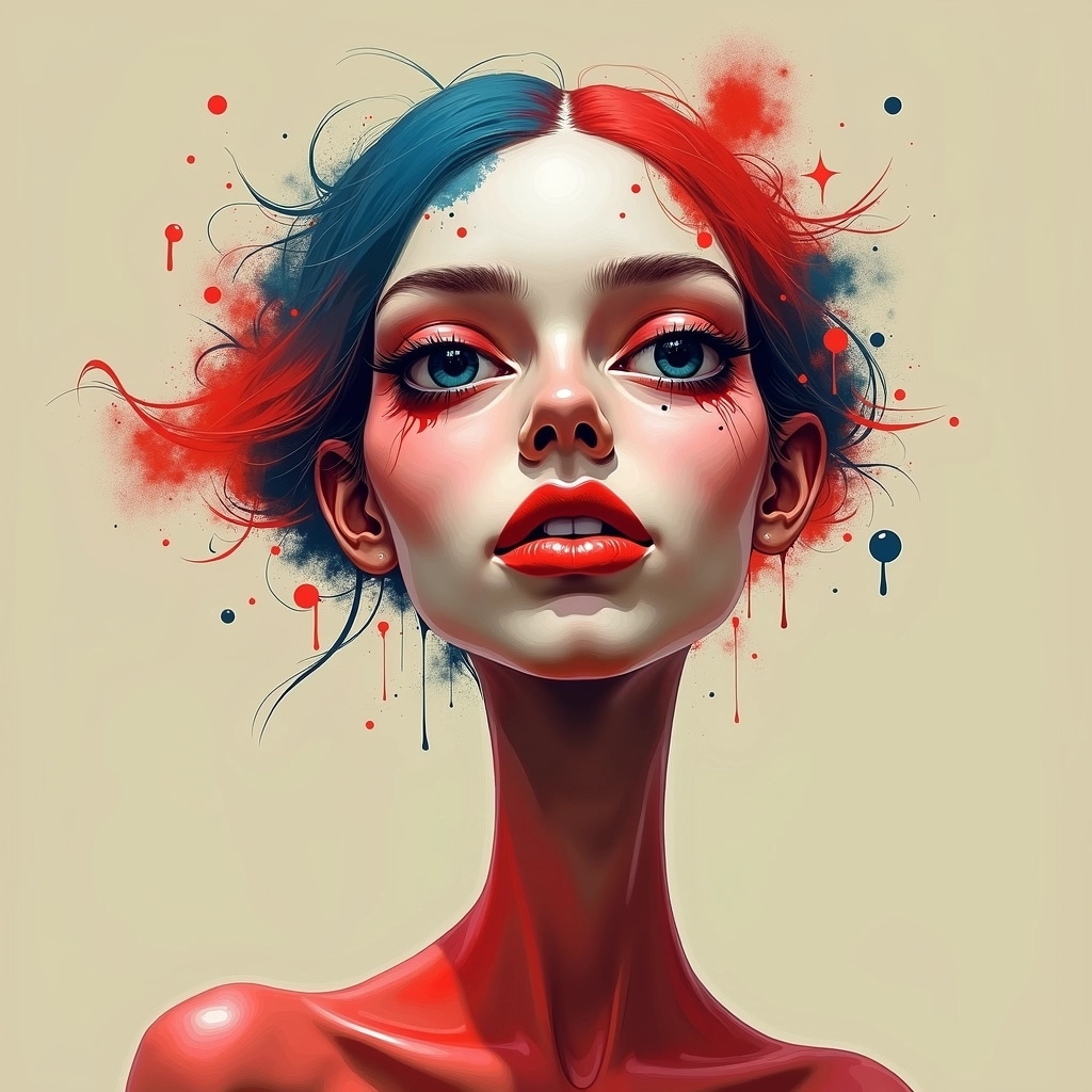 Create an abstract portrait featuring a figure with exaggerated proportions, where the facial features are rendered in a chaotic mix of bright colors including deep reds, vivid whites, and soft blues. The background should be a muted, warm tone, like a soft beige or light ochre. Alter the shape of the eyes to be larger and more expressive, while simplifying the mouth to a slight, enigmatic smile. Ensure the brush strokes appear more fluid and dynamic, giving a sense of movement throughout the composition, with a touch of texture to the skin that adds depth without specific branding elements.