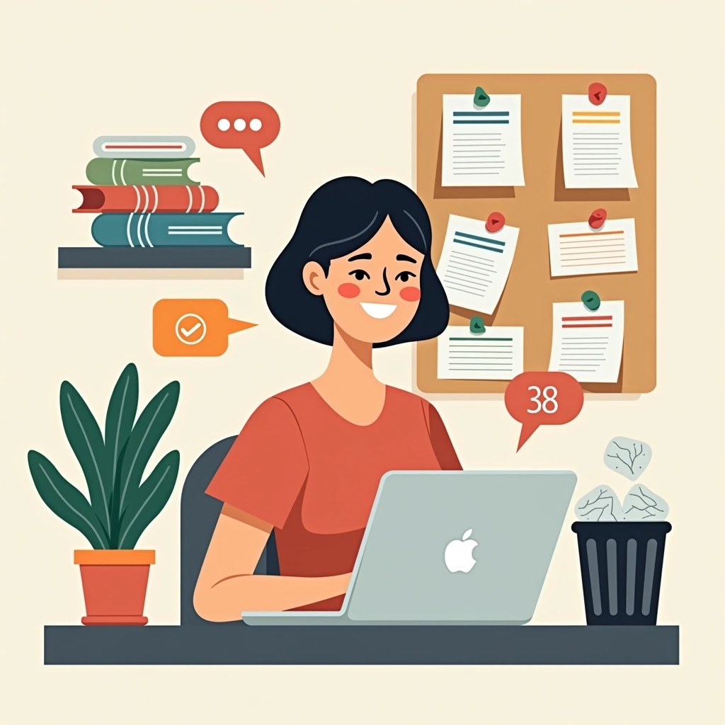 Create an illustration of a person sitting at a desk working on a laptop. Change the character to a woman with short hair and a bright, cheerful expression. Instead of speech bubbles, include icons for notifications and tasks around her. Replace the plant with a stack of colorful books. Have a bulletin board in the background with pinned notes and drawings. The trash can should be overflowing with crumpled papers, and there should be a coffee cup on the desk. Use muted colors for a calming atmosphere.
