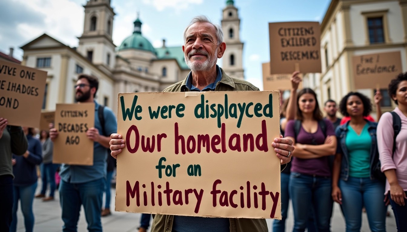 **Prompt:**
Create a protest scene featuring individuals holding signs with bold, clear messaging. The main figure, an older man, holds a large, hand-painted sign that reads, "We were displaced from our homeland for a military facility." Ensure the text is prominent and legible. In the background, other protesters hold signs with messages such as "Citizens exiled decades ago deserve justice" and "Government actions have violated our rights." The setting should be an urban plaza with notable architecture, but remove any specific branding or flags, focusing instead on the emotional expressions of the participants.