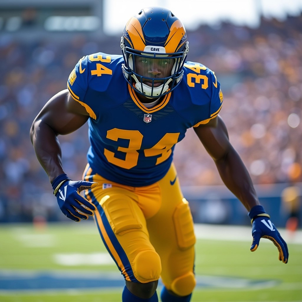 **Prompt:**
Create an image of a football player in a dynamic running pose. The player should wear a modern, sleek jersey in a vibrant blue and gold color scheme, with no visible brand logos. The player's helmet is a contemporary design without any markings, and the number on the jersey should be 34. The background should depict a lively stadium filled with cheering fans, with a slight blur to emphasize motion. The lighting should be bright, showcasing an exciting game day atmosphere.