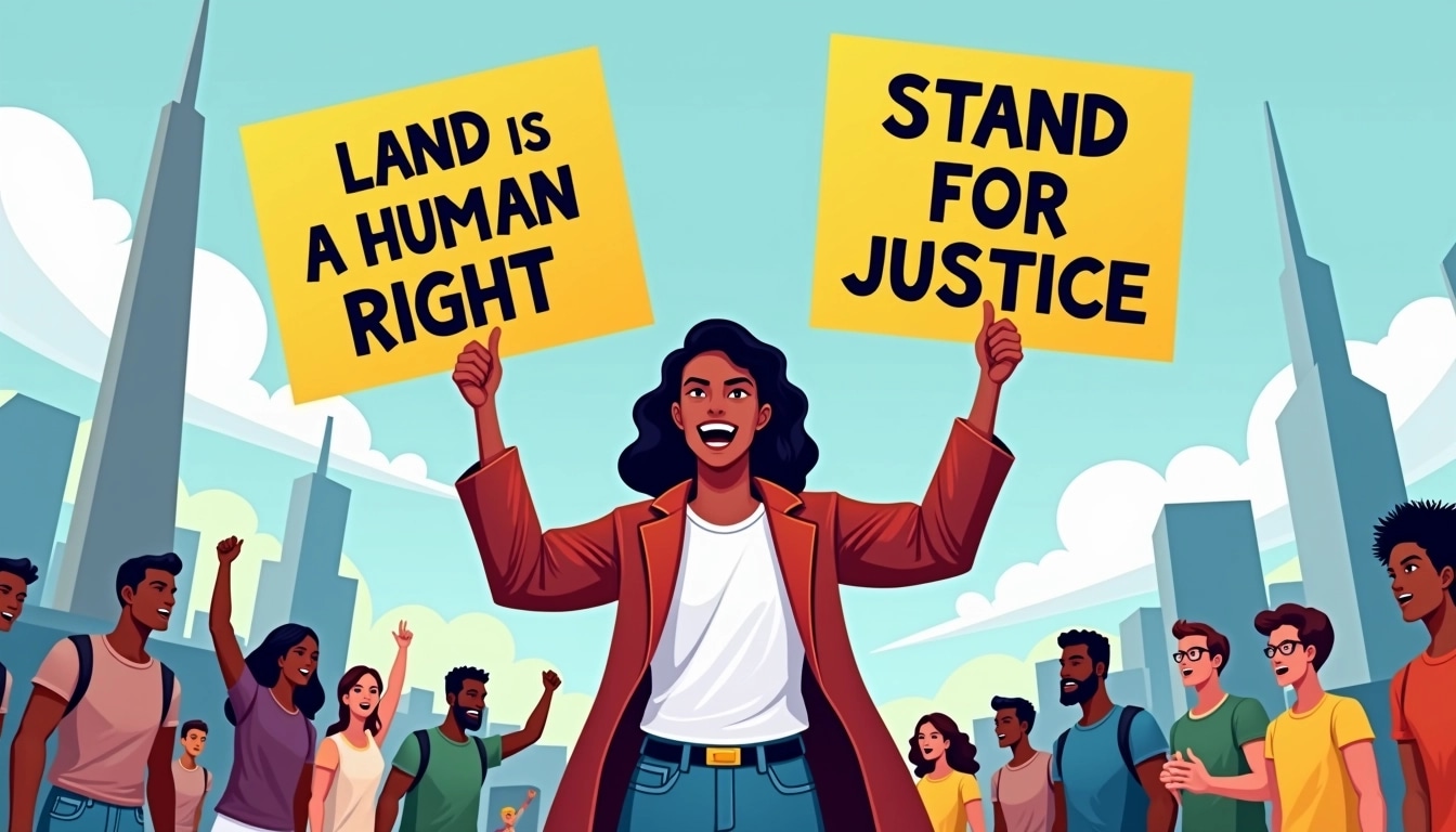 **Image Design Breakdown:**
- **Subject:** A passionate individual holding up protest signs, advocating for a cause.
- **Signage:** Replace the current text with a different message, such as "LAND IS A HUMAN RIGHT" and "STAND FOR JUSTICE".
- **Background:** Change the tall structure in the background to a generic city skyline instead of a recognizable landmark.
- **Color Palette:** Use a more vibrant color scheme for the signs, like bright yellows and blues instead of monochrome.
- **Expression:** Modify the facial expression to be one of determination but less intense, conveying hope rather than anger.
- **Clothing:** Change the clothing style to something casual, like a simple t-shirt and jeans, rather than a formal coat.
- **Crowd:** Add more diverse individuals in the background, with a variety of age groups and ethnicities engaging in different forms of protest.