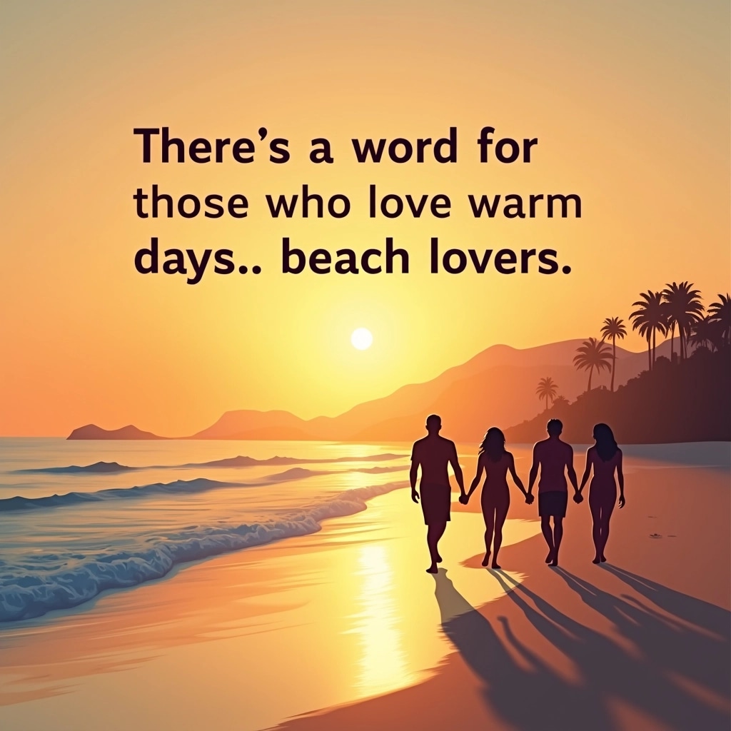 **Image Design Prompt:**
Create a sunset scene on a beach with a soft golden glow reflecting on the water. Replace the text with a light-hearted quote about summer enjoyment, such as:
"There's a word for those who love warm days... beach lovers."
Use a clean, modern font for the quote, centered at the top. Add three simple silhouettes of people walking along the shoreline, with no specific branding references. Ensure the composition feels warm and inviting, emphasizing the beauty of the beach and sunset without any distractions.