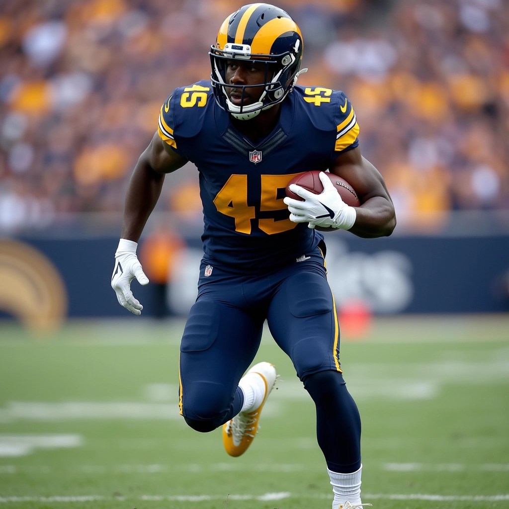 Design a new athletic uniform for a football player featuring a sleek, deep blue jersey with bright yellow accents instead of black and orange. Remove any brand logos. The player's number should be changed to 45. The pants should be a solid dark blue, streamlined for performance, and the player is wearing white cleats. The action shot should capture the player sprinting down a field, holding the football, with a blurred crowd in the background emphasizing motion.