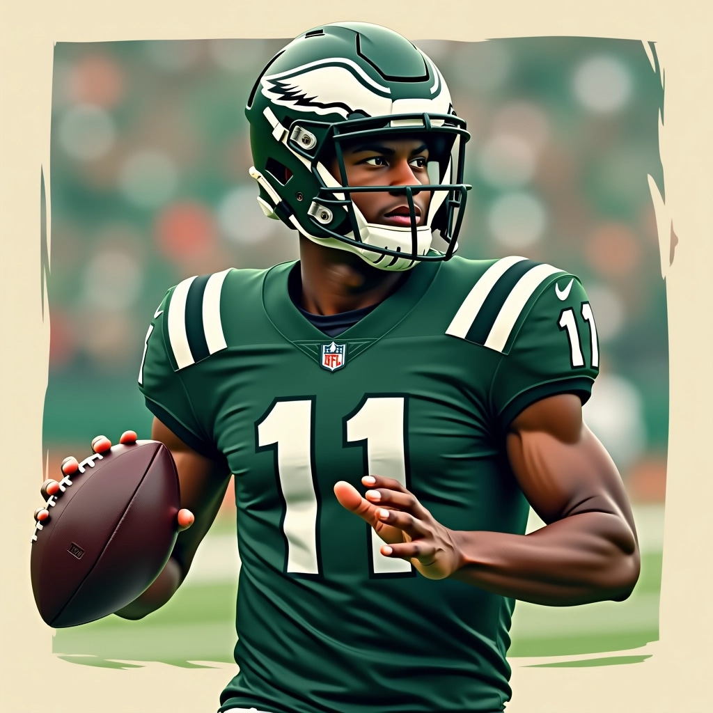 **Design Breakdown Prompt:**

1. **Player Appearance:**
   - Change the jersey color to dark green with contrasting white stripes.
   - Replace the helmet design with a sleek matte finish in the same dark green color.

2. **Uniform Features:**
   - Remove any logos and branding; use a simple white number "11" on the jersey.
   - Simplify the shoulder pads, opting for a more streamlined look.

3. **Action Pose:**
   - Retain the throwing motion but adjust the body angle to face more towards the right.
   - Alter the positioning of the left arm to be more raised as if looking downfield.

4. **Background:**
   - Replace the stadium setting with an abstract design featuring blurred colors of green and beige, indicating a lively atmosphere without specific details.

5. **Additional Elements:**
   - Remove any visible players around and focus solely on the individual.
   - Introduce a light texture to the uniform fabric to give a more dynamic, modern appearance.

This prompt maintains the essence of a football scene while introducing unique design changes.