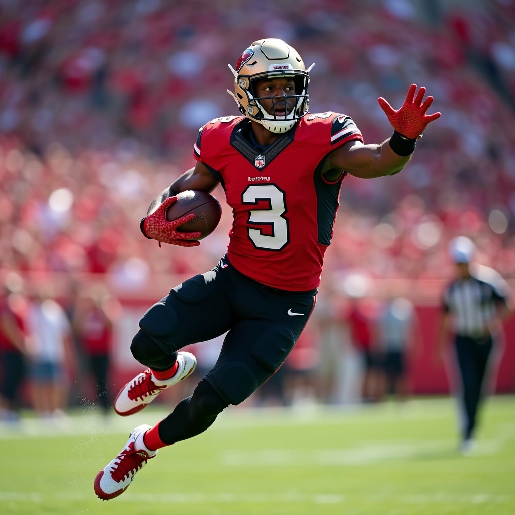 Create an image of a football player in action, catching a football. The player should wear a vibrant red jersey with a unique logo on the front, paired with black pants and matching red and white cleats. The player is in mid-air, extending one hand to grasp the ball, with an intense expression of focus. The background features a blurred stadium filled with cheering fans, highlighting the excitement of the game. The player should also wear a helmet with a sleek design, emphasizing a modern look, and there should be no visible branding or logos on the uniform.