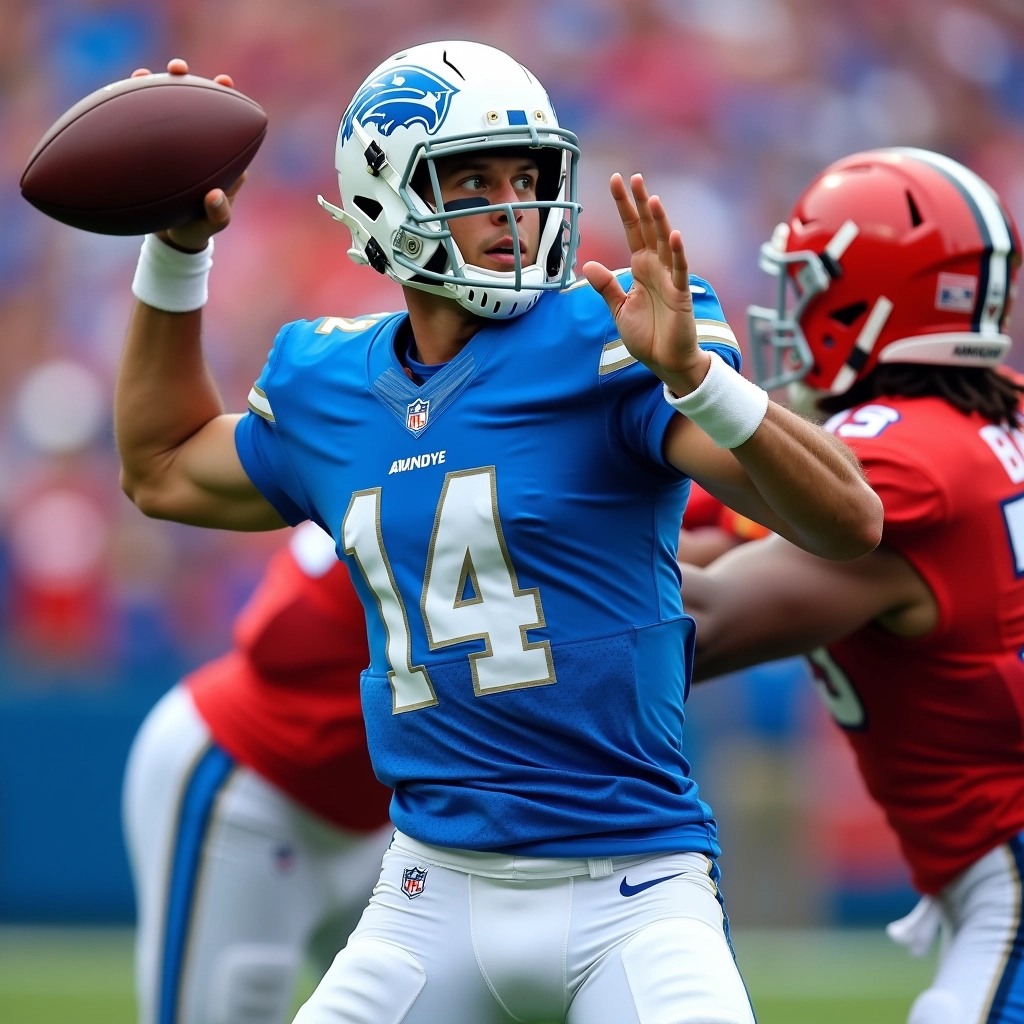 **Prompt:**
Create an image of a football player in a dynamic throwing pose on a vibrant field. The player is wearing a bright blue jersey with white accents and large white numbers. The helmet is sleek with a glossy finish, featuring a unique geometric pattern. Instead of a traditional football logo, there’s an abstract symbol on the jersey. Change the background to a crowd of enthusiastic fans in varied colors, showcasing excitement. The player is focused, with a determined expression, and a defender is reaching out in a contrasting red uniform, emphasizing the action of the game.