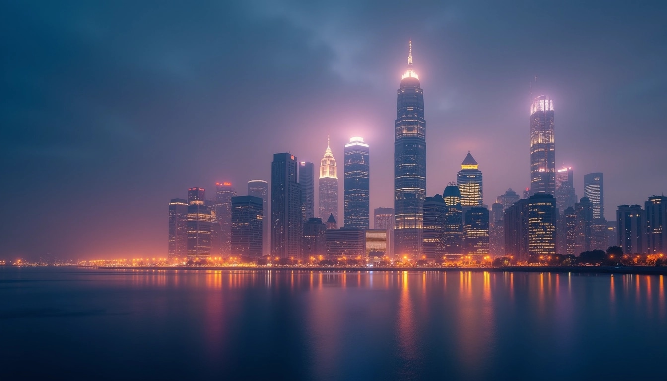 Create a nighttime cityscape image featuring a skyline with skyscrapers, illuminated by warm yellow and orange lights. Introduce a foggy atmosphere to create a mysterious ambiance. Ensure the buildings are varied in height and design, but avoid any recognizable brand elements. The background should showcase a gradient sky transitioning from deep blue to soft purple, hinting at a sunset. Include blurred light reflections on the water in the foreground to enhance the serene, dreamy quality of the scene.