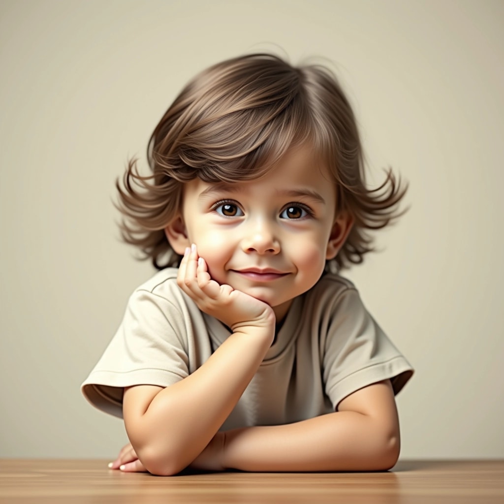 Create an image of a young child seated with a thoughtful expression. The child has slightly wavy hair and wears a light-colored short-sleeve shirt. Instead of resting their chin on their hand, the child can rest their head on their hand, and their other arm should be crossed casually on the table. The background should be a soft, neutral color, eliminating any brand references or logos. The image should maintain a vintage, subdued tone, giving a classic feel without any modern elements.