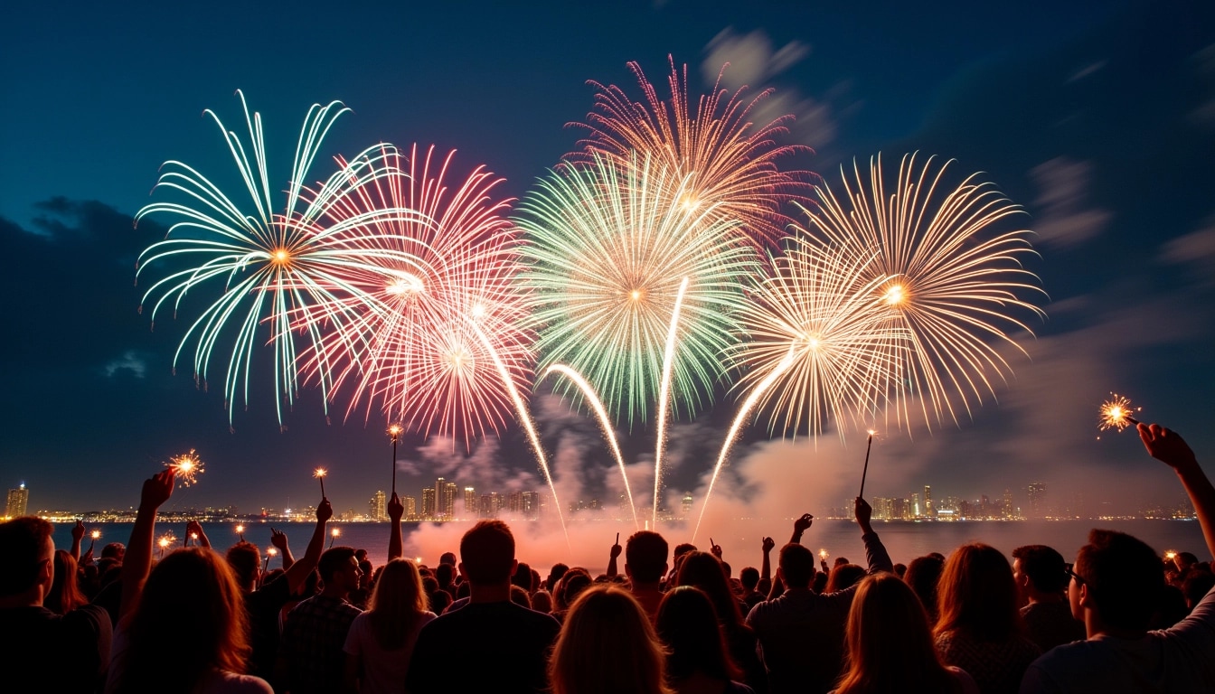 Create an image of a vibrant fireworks display at night, featuring a variety of colorful explosions in the sky, including shades of blue, green, and gold. Instead of a crowd silhouetted in foreground, show a diverse group of people in festive clothing, celebrating and holding sparklers. Adjust the composition to include a scenic view of a city skyline in the distance, illuminated by the fireworks. Remove any brand references and ensure the overall atmosphere reflects a joyful community celebration.
