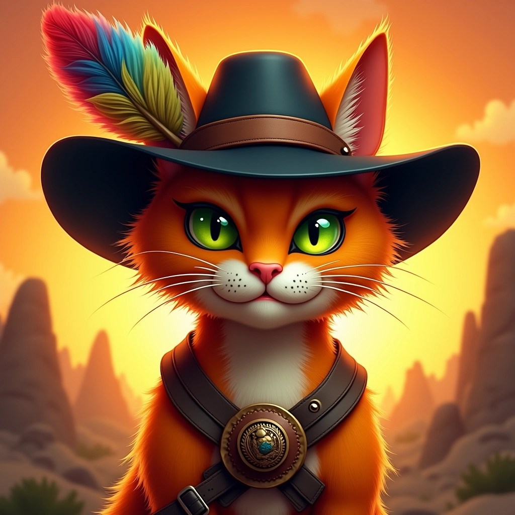 Create an image featuring a fierce-looking orange feline with bright green eyes. The cat wears a wide-brimmed black hat adorned with a large, colorful feather. Instead of a traditional collar, it has a rugged leather harness with a decorative emblem at the center. The background is a warm gradient of oranges and yellows, resembling a vibrant sunset, adding an adventurous atmosphere.