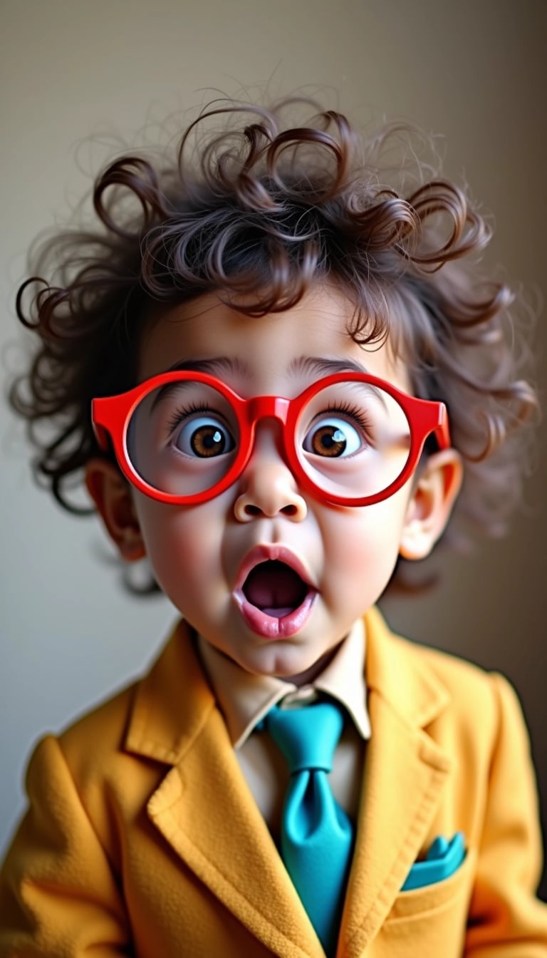 Create an image of a child with wide, surprised eyes, wearing oversized round glasses and a playful, colorful suit. The background should be soft and blurred, giving a whimsical feel. Change the child's hairstyle to a messy, fluffy look, and have them making a funny face with their mouth open in an exaggerated "wow" expression.