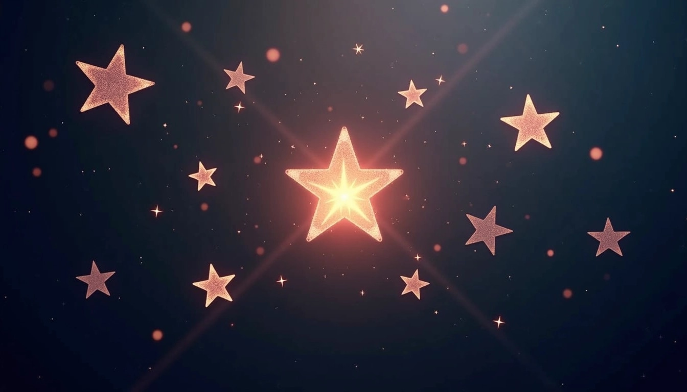 Create an image design featuring translucent stars in various sizes floating against a dark background. Add a glowing burst at the center, radiating soft light rays outward. Incorporate sparkles or twinkling effects throughout the design, avoiding any brand elements.