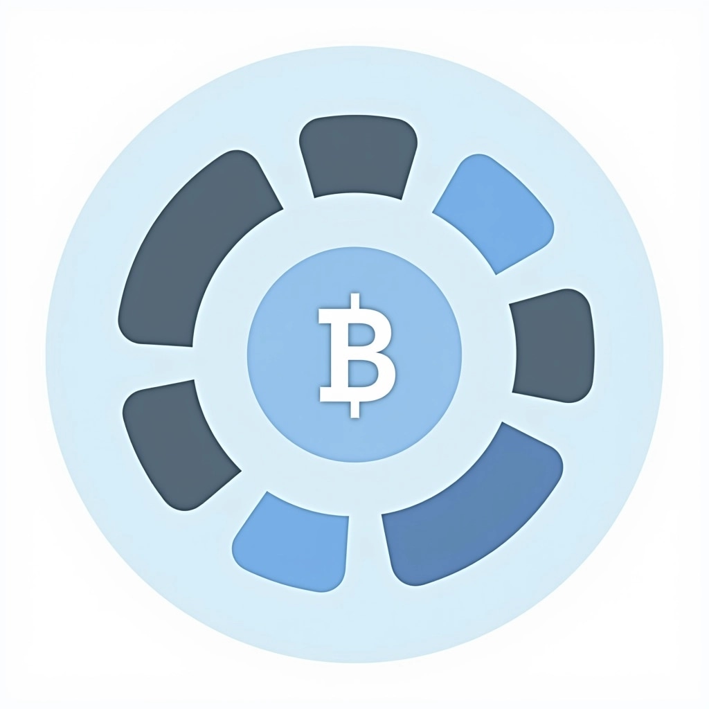 Create a circular design with a central icon that represents digital transactions. Replace the existing text with "E-Wallet." Change the color scheme to blue and gray while maintaining a modern, minimalist style. Use a more abstract symbol around the center instead of the current shapes, ensuring it conveys a sense of connectivity and technology.