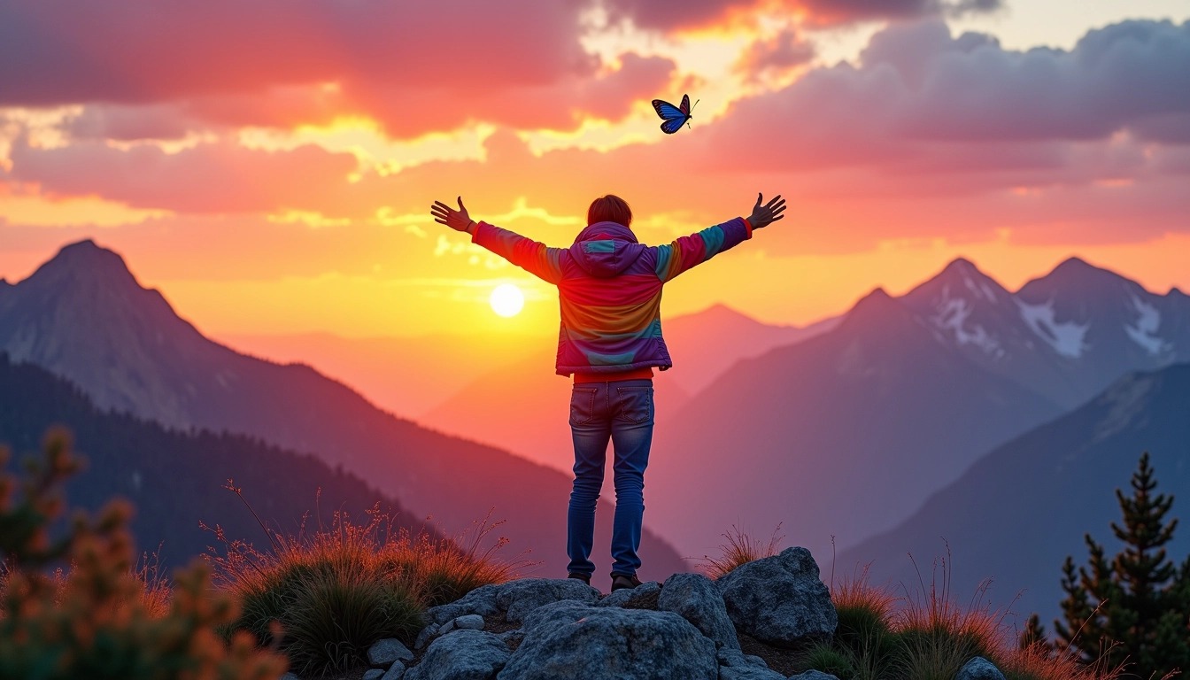 Create an image of a person standing on a mountain peak at sunset, arms outstretched in a joyful pose. The sky should feature vibrant hues of orange, pink, and purple. Replace the original figure with a person wearing a colorful jacket and jeans. Instead of a bird, include a silhouette of a butterfly fluttering nearby. The mountains in the background should be slightly altered, with more rugged and dramatic peaks, and there should be lush greenery in the foreground.
