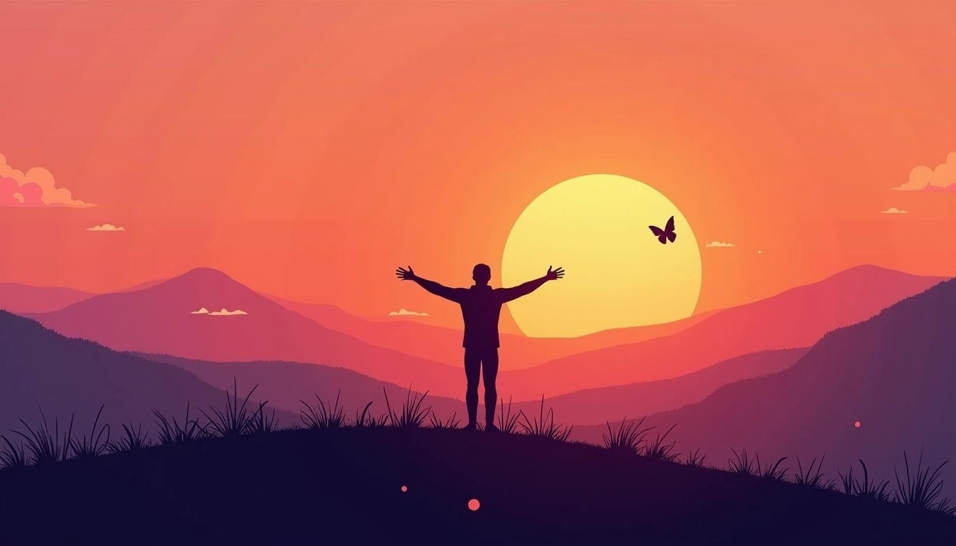 **Prompt:**
Create an image of a silhouette of a person standing on a hilltop during sunset, with arms outstretched wide. The background features a vibrant gradient of orange, pink, and purple hues. Include distant mountains with a soft focus and a few wispy clouds. Instead of a bird in flight, depict a colorful butterfly fluttering nearby. The person's attire should be a simple, unbranded light jacket and casual pants, with no logos visible. Make sure the scene conveys a sense of freedom and connection with nature.