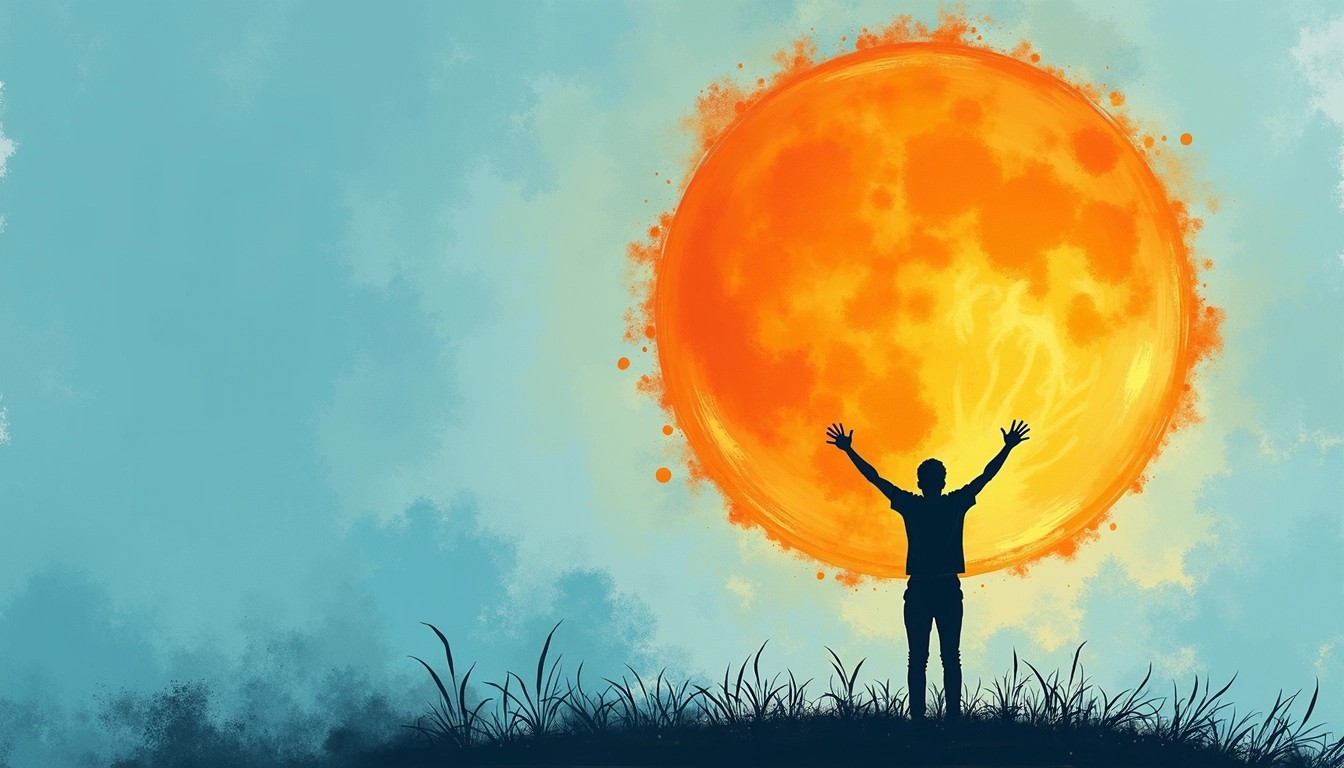 Create an artwork featuring a silhouette of a person holding a vibrant orange sun, shining brightly against a soft blue background. The sun should have abstract, swirling patterns inside it, and the person should be positioned slightly off-center to add dynamic composition. Use textured brushstrokes for a more artistic feel, and ensure there are no brand references.