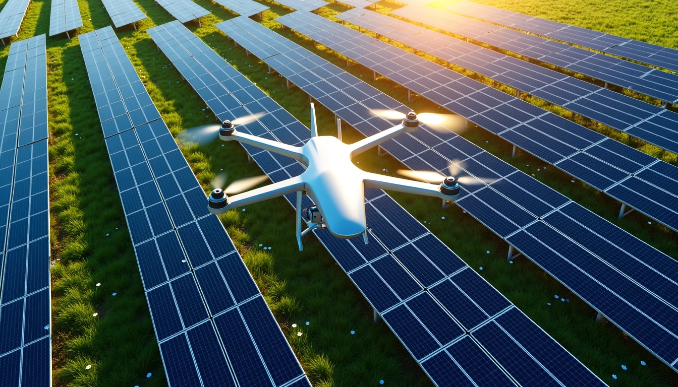 **Prompt:**
Create an image featuring a bird's-eye view of solar panels arranged in a grid. Instead of traditional blue panels, use green-tinted panels. Include a sleek, futuristic drone hovering above the panels with a metallic finish. Remove any brand logos or identifiers. Enhance the sunlight reflection on the panels to create a glowing effect for added visual interest, and introduce small patches of wildflowers in the grassy sections between the panels for a touch of color.