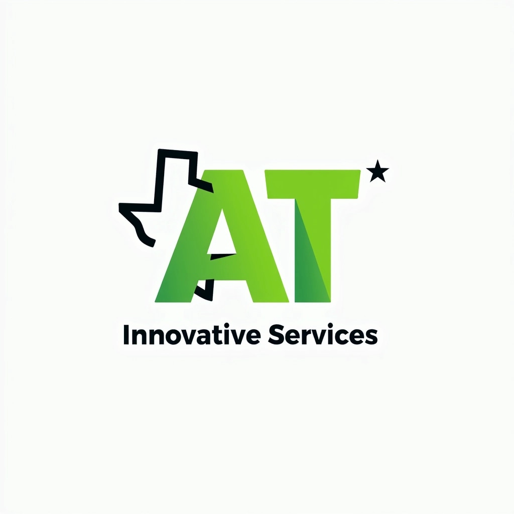 Create an image featuring the outline of a different U.S. state, such as Texas or California, with a simple star graphic placed to the left of the state outline. Use a bold, modern font to display the letters "AT" in a bright green color, and replace the text beneath with "Innovative Services" in a smaller, black cursive font. Adjust the overall layout for a more balanced visual appeal.
