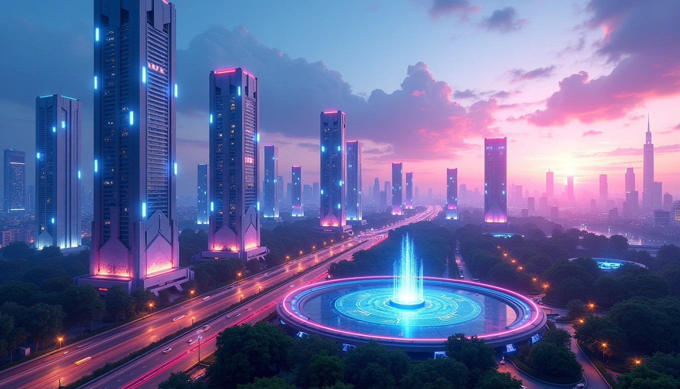 **Prompt:**
Create a futuristic city skyline scene during twilight, featuring unique skyscrapers with angular designs and glowing elements. Incorporate vibrant neon lights that create a sense of energy along bustling roadways. Add a central circular plaza with an interactive digital display, surrounded by a park that features bioluminescent plants. The sky should display abstract patterns of light representing technological connectivity, with soft clouds reflecting the sunset hues. Ensure the overall color palette includes blues, purples, and pinks for a dynamic atmosphere, while removing any brand-specific elements.
