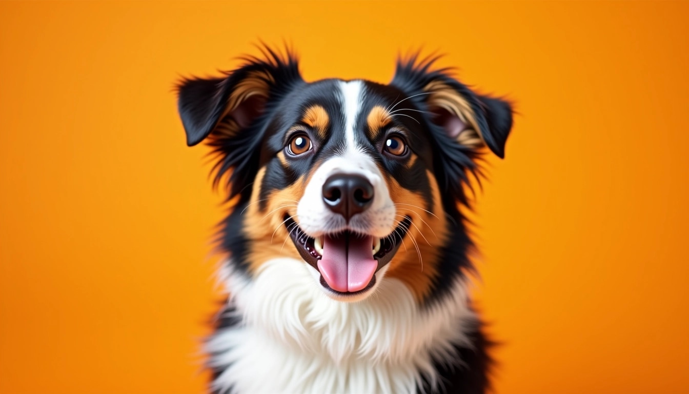 Design an image with the following features:
1. **Subject**: A dog with distinct fur patterns.
2. **Color Scheme**: Bright orange background.
3. **Dog's Expression**: A curious and playful gaze with bright eyes.
4. **Fur Colors**: Mix of brown and white instead of black and white.
5. **Framing**: Close-up of the dog's face centered in the image.
6. **Lighting**: Soft lighting to highlight the dog's fur texture.
Feel free to adjust other minor details to enhance the overall design!