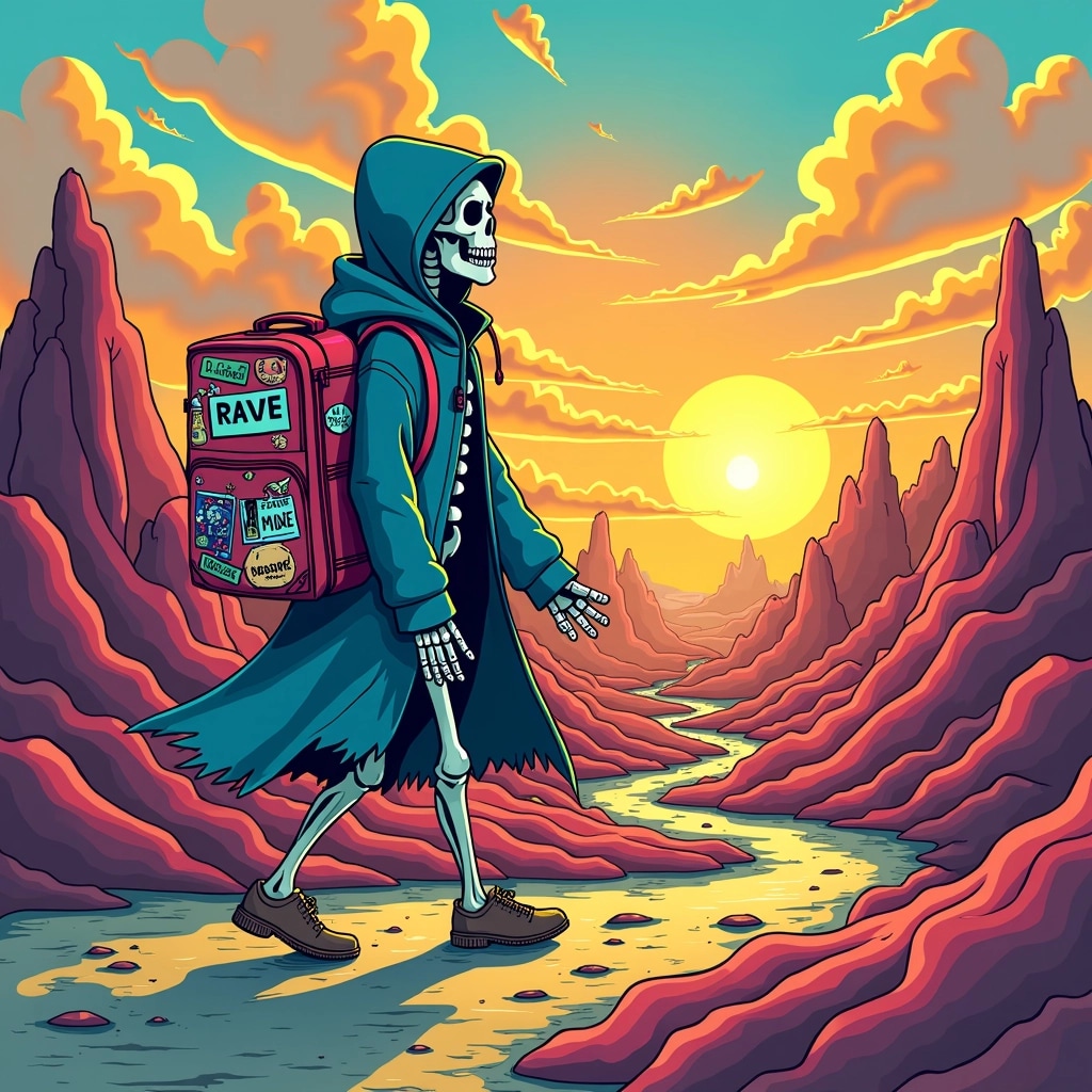 **Image Design Prompt:**
Create an album cover featuring a whimsical skeleton dressed in a tattered cloak, strolling through a surreal landscape filled with colorful, melting hills under a vibrant sunset. Instead of a suitcase, the skeleton carries a large, exaggerated cartoonish backpack adorned with playful, fictitious travel stickers from various imaginary places. The title at the top should be bold and lively, with a fun, unique font. The background should include whimsical, oversized rock formations and captivating clouds, enhancing the fantastical theme. Use a bright color palette that contrasts with the dark, playful vibe of the skeleton.