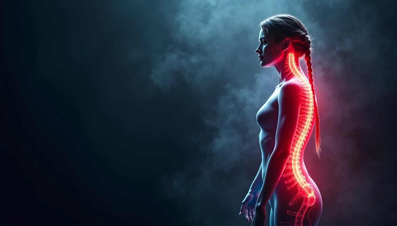 Create an image featuring a transparent silhouette of a human figure, showcasing a vibrant spine illuminated in bright red. The background should be a gradient of dark blue to black, with a subtle smoky texture. The figure's hair should be styled in a loose braid, and the pose should depict the figure standing with an upright posture, facing slightly to the right. Remove any brand references and ensure the overall design conveys a sense of dynamic movement and vitality.