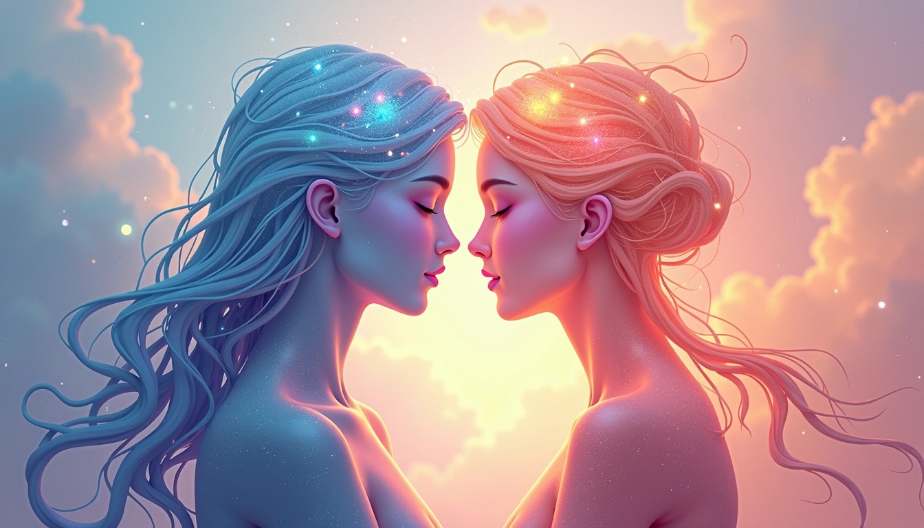 Create an ethereal illustration featuring two abstract, intertwined figures with a harmonious energy. Change their poses so they're facing each other more openly, and alter their features to be more geometric rather than representational. Replace intricate patterns with flowing, wavy lines in various pastel colors, emphasizing a sense of unity and connection. Incorporate shimmering light effects surrounding them to enhance the dreamlike atmosphere, while using a soft, gradient background that suggests a cosmic setting without specific brand references.