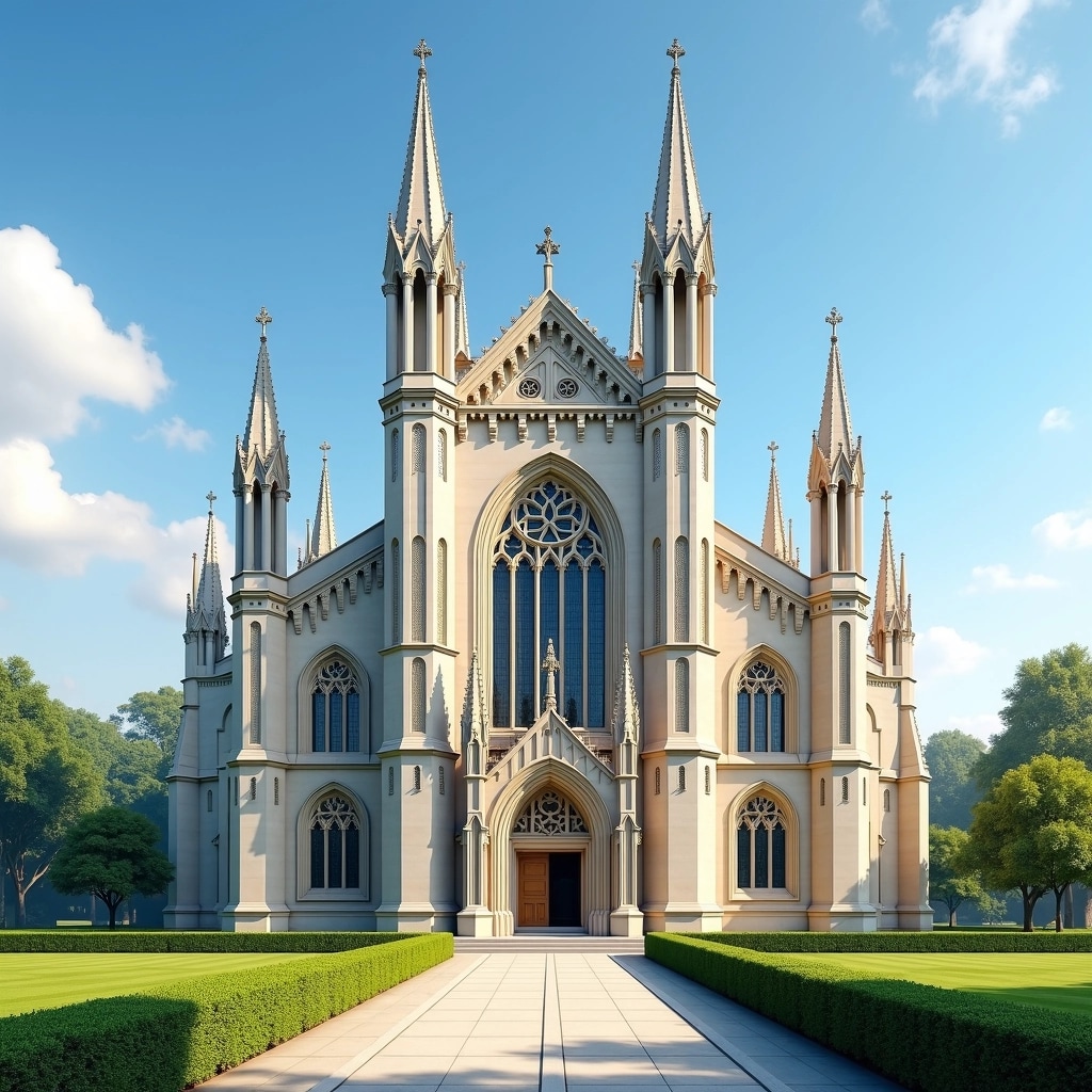 **Design Prompt:**
Create an image showcasing a gothic-style building with tall, pointed spires and intricate detailing. The structure should have a lighter-colored stone facade with large arched windows, framed by decorative trim. Incorporate a surrounding green lawn with neatly trimmed hedges, and replace the background with a clear blue sky. The scene should exude a serene atmosphere on a sunny day, while removing any specific brand identifiers or text. Adjust the overall layout by slightly altering the building's perspective to emphasize its grandeur.