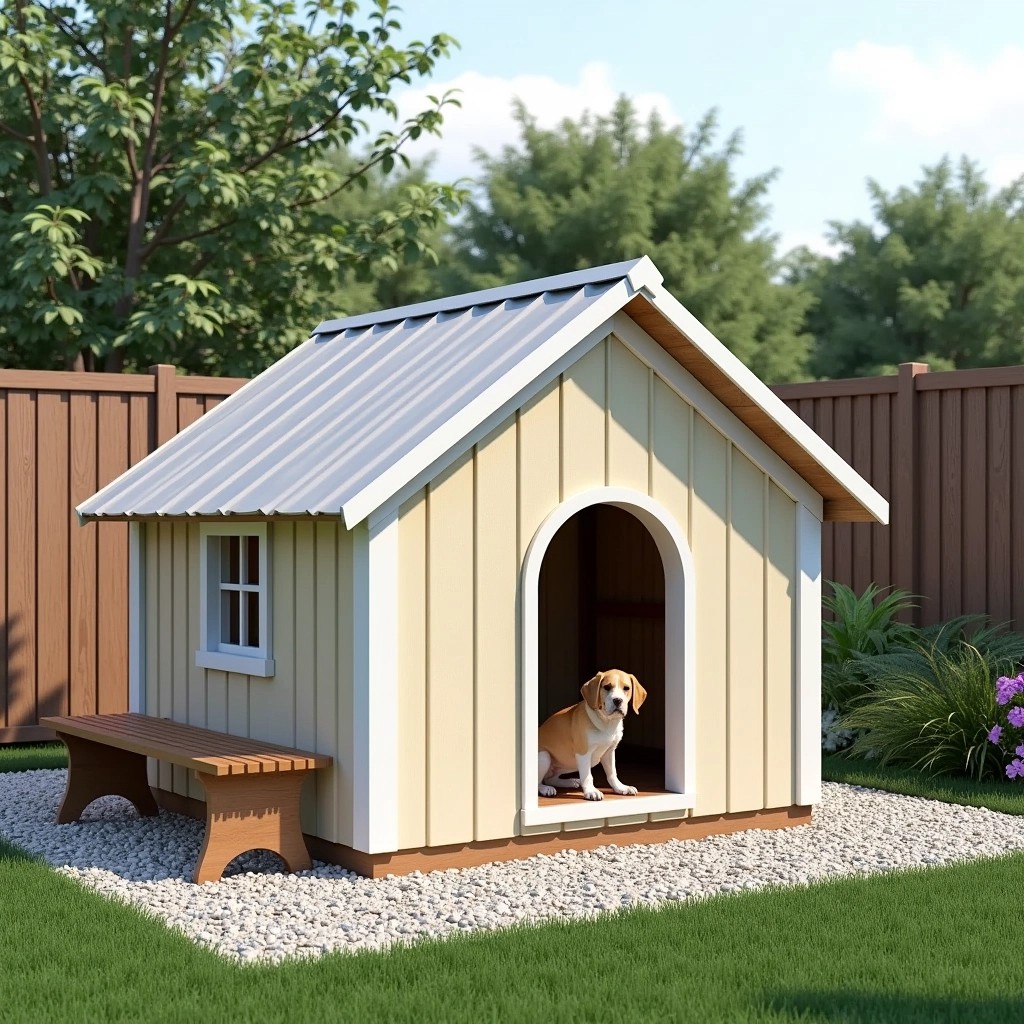 Design a pet house featuring a simple, sloped roof but utilize a metal roofing material instead of wood. Change the exterior wood panels to a smooth, painted surface in a light pastel color. Remove any branding and replace the entrance with a rounded arch shape. Add a small, removable front panel for easy cleaning access. Surround the pet house with decorative gravel instead of grass, and include a small bench next to it for seating.