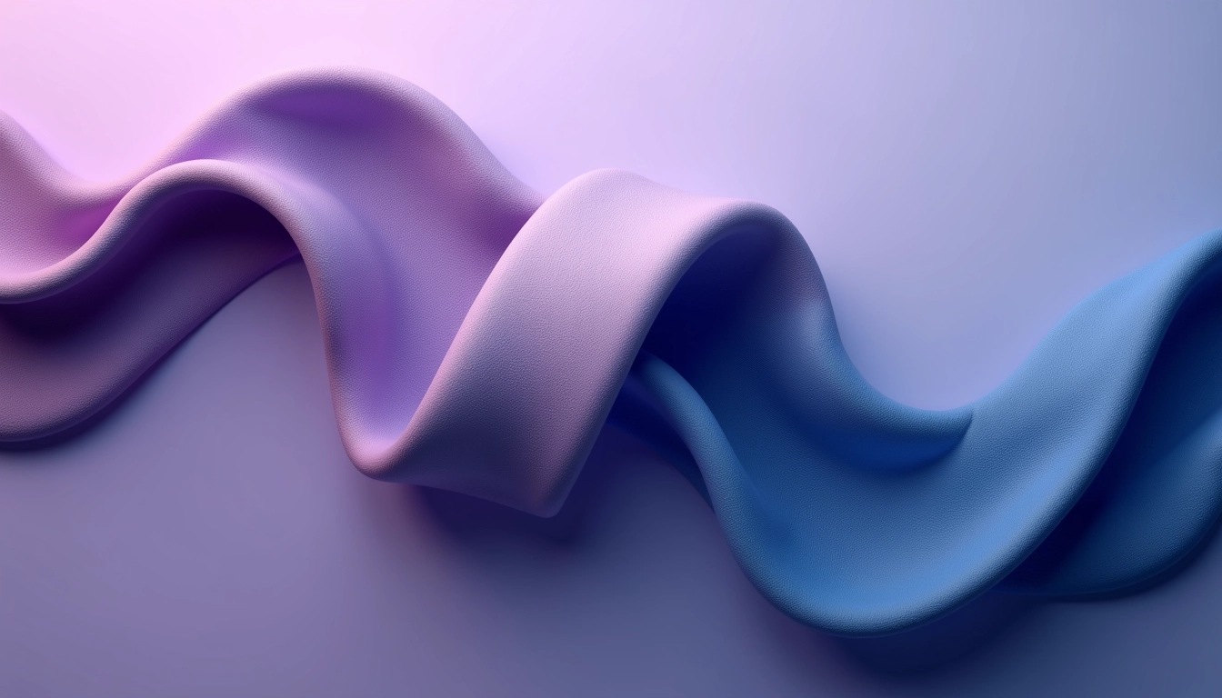 Create an image featuring two intertwined abstract shapes in shades of purple and blue, set against a gradient background that transitions from soft lavender at the top to deep navy at the bottom. The shapes should have a textured, flowing appearance, resembling fabric or ribbon. Arrange them so that they overlap slightly in the center, creating a sense of depth and movement. Remove any brand references or recognizable logos.