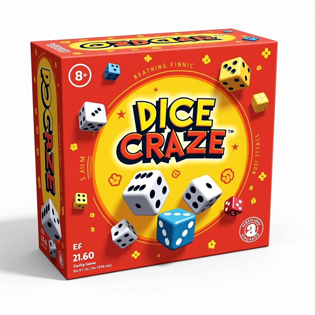 Create a box design for a dice game featuring:
- A bright red and yellow color scheme.
- A playful, bold font for the game title "DICE CRAZE," replacing previous title.
- A background filled with colorful, cartoon-style dice in various angles.
- An age recommendation icon updated to "8+".
- A simplified visual element, such as dice faces or symbols, instead of brand logos.
Ensure the overall layout maintains an engaging and fun aesthetic suitable for family gaming.