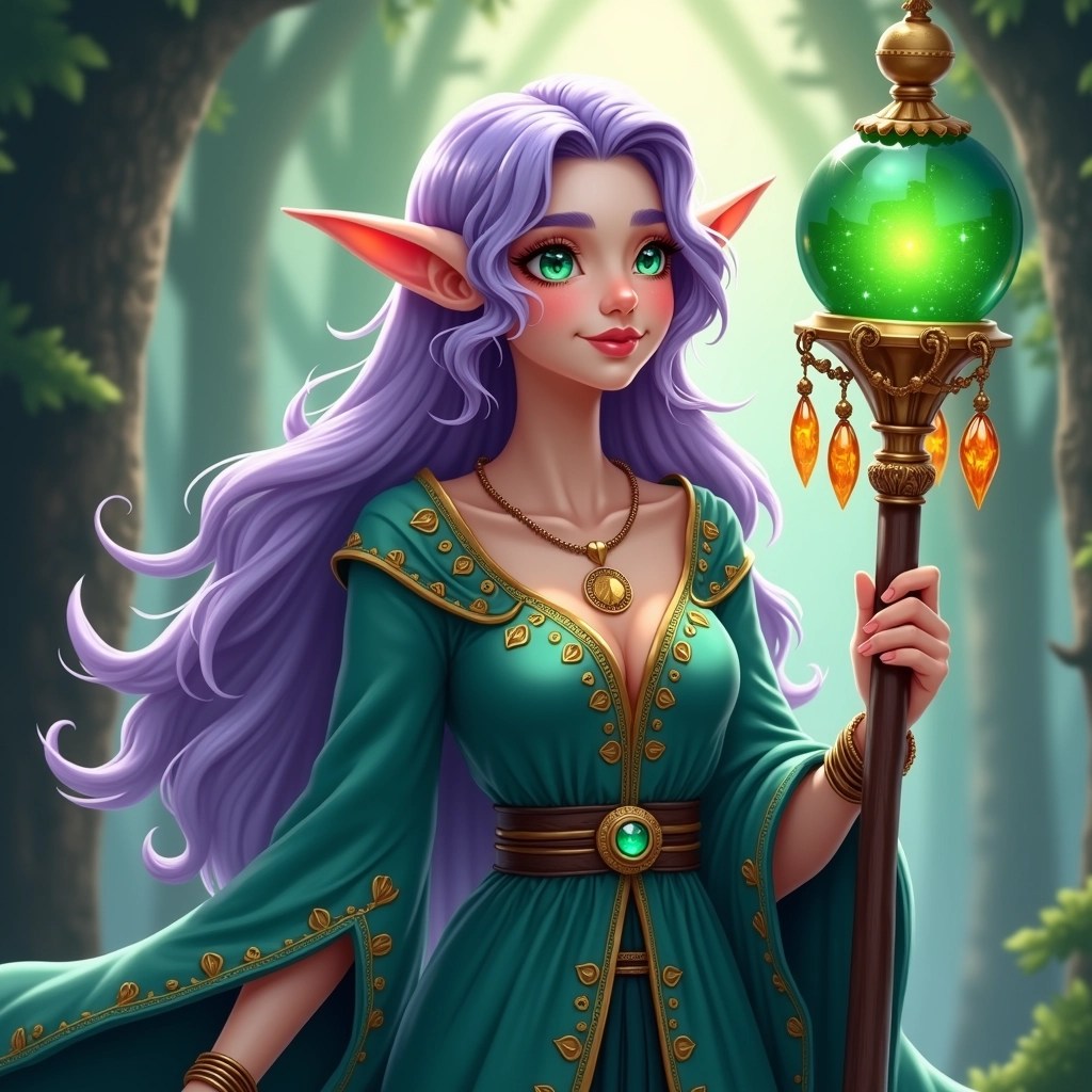 Create an image of a mystical character with the following features:
- **Hair**: Long, flowing hair in a vibrant lavender color.
- **Eyes**: Bright emerald green with a hint of sparkle.
- **Ears**: Pointed but slightly shorter than the typical fantasy style.
- **Outfit**: A rich teal robe with gold embroidery, featuring intricate patterns of stars and moons.
- **Accessories**: A staff topped with a glowing green orb, adorned with amber crystals hanging from the bottom.
- **Jewelry**: Wears a few simple bracelets and a delicate necklace with a crescent moon pendant.
- **Environment**: Set against a softly glowing background that suggests a magical forest.
Make sure to avoid any brand references or specific names in the design.