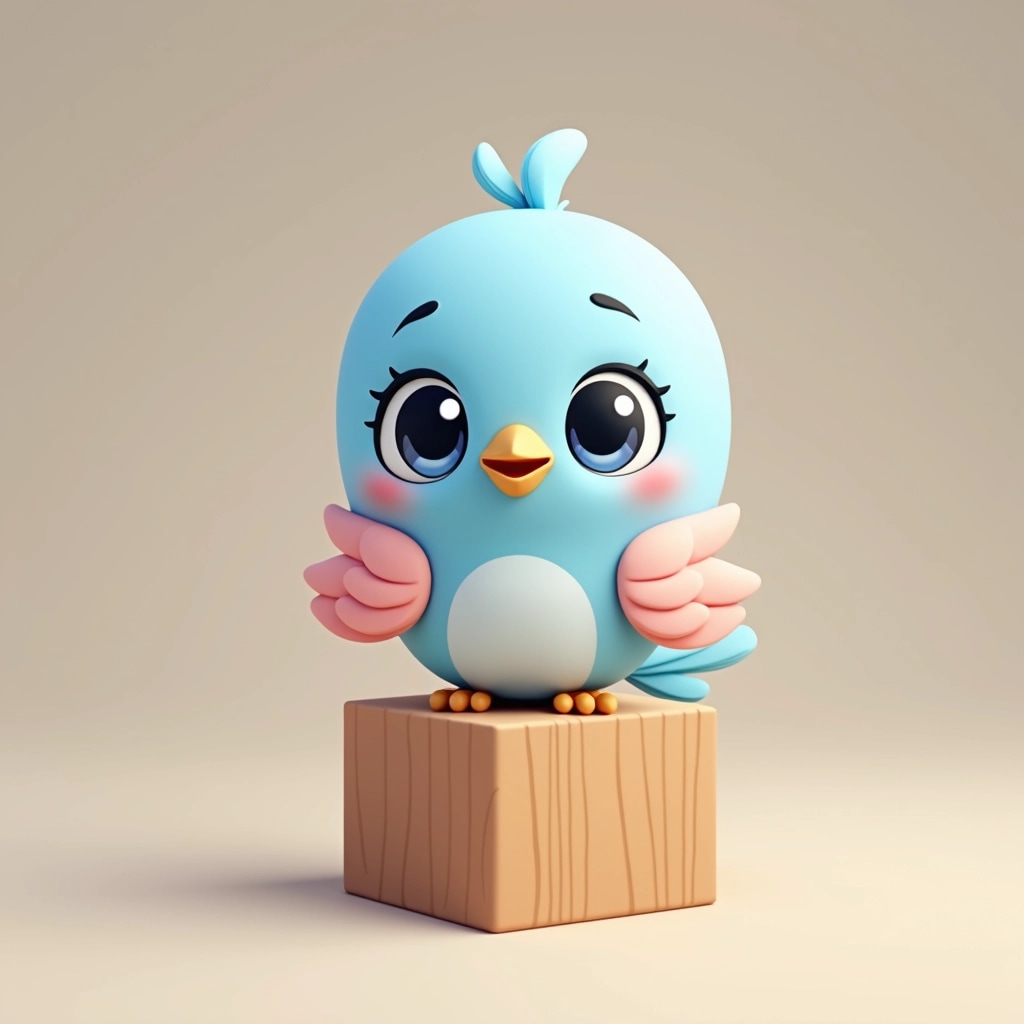 Design a cartoon bird character perched on a small wooden block. Change its color scheme to soft pastel hues, with a light blue body and pale pink wings. Give it larger, rounder eyes with a gentle sparkle and a tiny smirk instead of a neutral expression. Add a few small, playful feathers sticking up on its head for a whimsical touch. The bird's beak should be slightly smaller and more curved, and the overall shape should be rounder to enhance its cuteness.