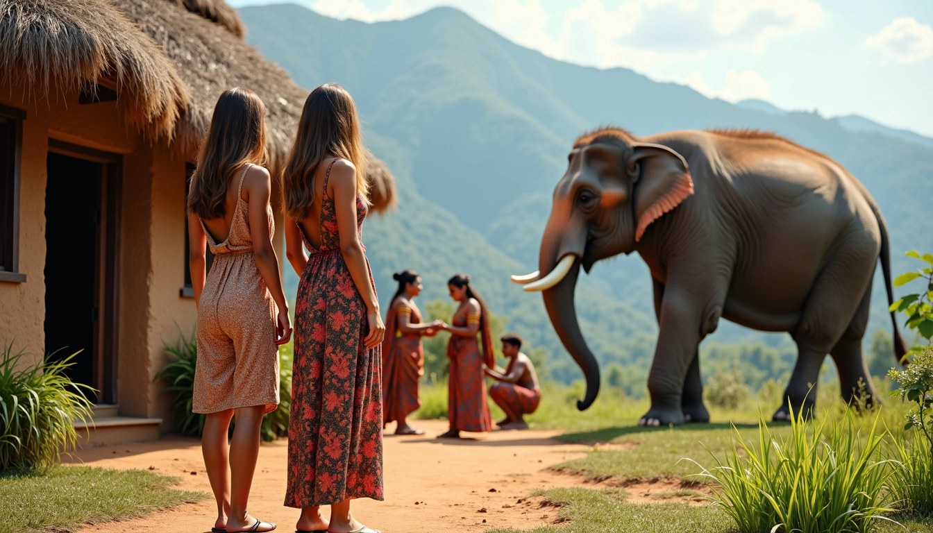 Create an image featuring two women standing in the foreground near a rustic, thatched-roof hut. One woman should wear a flowing, patterned dress, while the other has a relaxed, casual outfit. In the background, include a gentle giant, like a friendly elephant, with people dressed in traditional attire engaged in a cultural activity. Add greenery and mountains in the background for a natural setting. Use vibrant colors but avoid any brand logos or references.