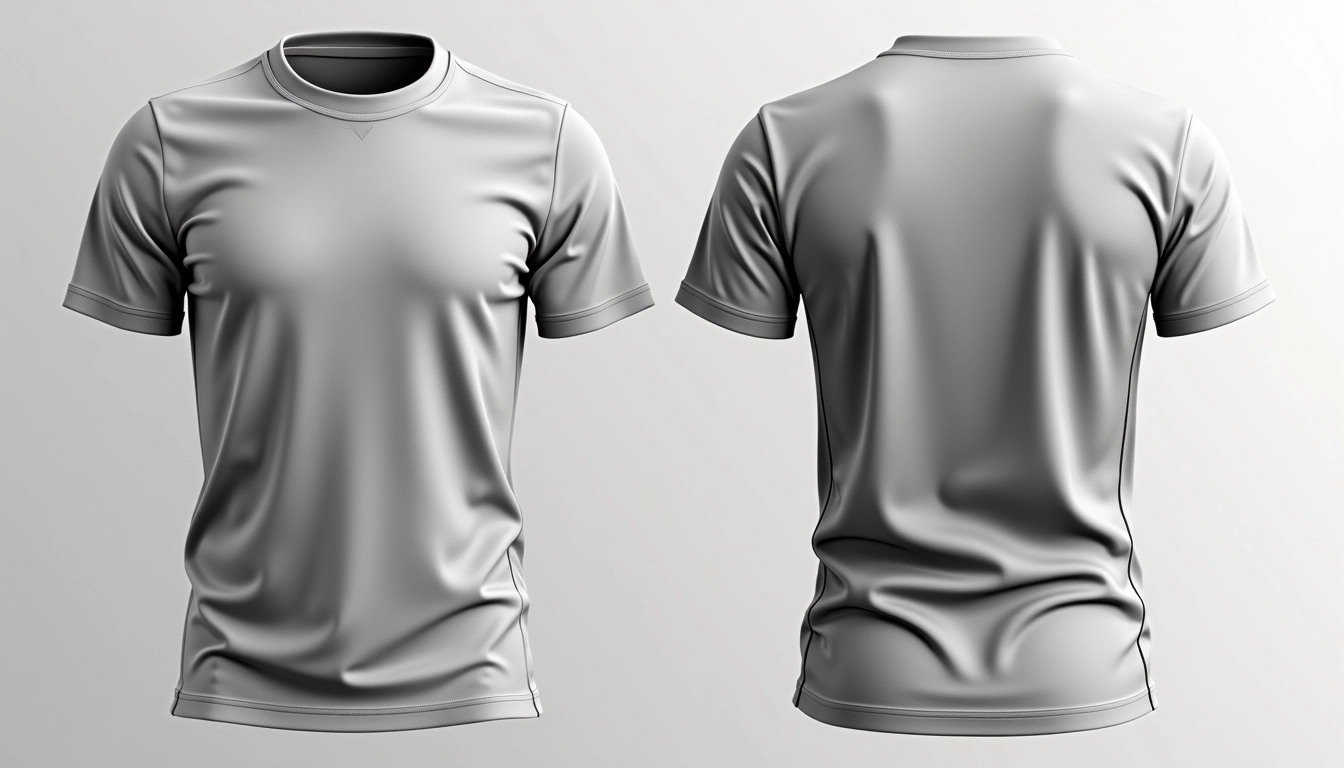 Create a design for a t-shirt featuring a slightly lighter shade of gray fabric with a relaxed fit. The neckline should have a subtle V-shape instead of a round neckline. Add a thin vertical stripe down the sides in a contrasting color to enhance visual interest. Ensure the t-shirt has a smooth texture and removes any visible brand labels or logos. The background should transition to a soft gradient instead of a solid color. Display the t-shirt from both the front and back views.
