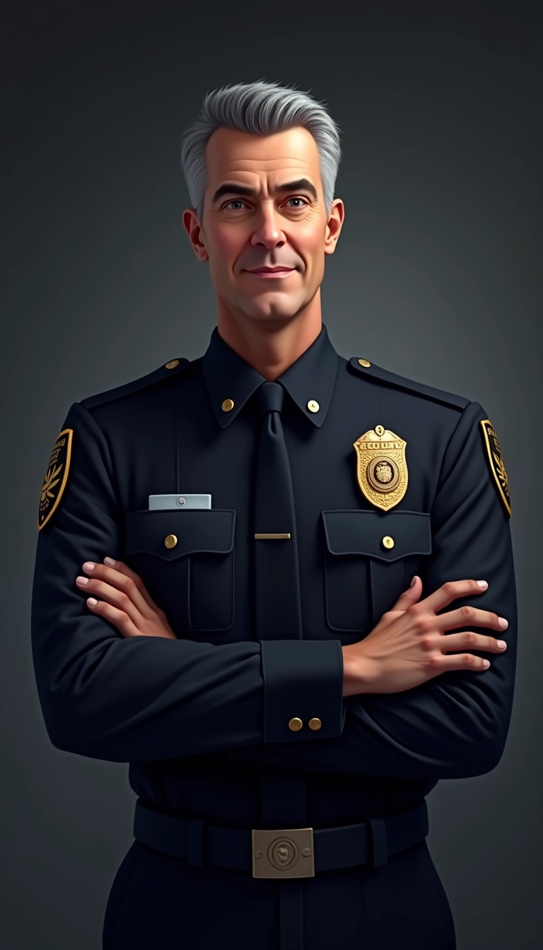 Create a character design featuring a middle-aged man in a dark uniform with a badge and a distinctive insignia on the shoulder. He has short, neatly styled hair and a serious expression, with his arms crossed confidently. The background should be a soft gradient of dark colors to enhance the subject's presence. Instead of a police badge, use a generic security emblem, and remove any brand names or logos. The uniform should have subtle decorations but remain professional and authoritative.