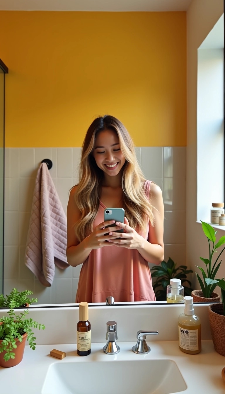 Design a bathroom selfie with the following features:
1. **Subject**: A person with long, straight hair, wearing a simple, loose-fitting tank top.
2. **Background**: Brightly colored walls with a large mirror reflecting a well-organized bathroom.
3. **Accessories**: Replace existing products with minimalist and eco-friendly items like bamboo toothbrush holders and glass skincare containers.
4. **Towel**: Use a bright, patterned towel hanging on a rack.
5. **Pose**: The person is smiling and holding a phone in one hand, giving a casual and inviting vibe.
6. **Lighting**: Soft, natural light coming through a window to create a warm ambiance.
7. **Decor**: Add some green plants on the sink for a fresh touch.
These changes create a lively and cheerful atmosphere while maintaining a personal touch in the bathroom setting.