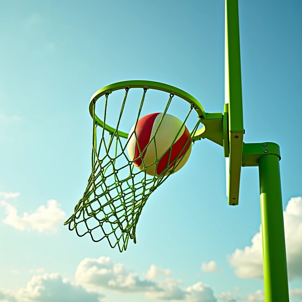 Design a new image featuring a bright green net with a large, circular ball in mid-air, showcasing a clear, sunny sky with minimal clouds. The ball should have a mix of red and white colors, positioned dynamically near the net, creating a sense of motion. The perspective should be slightly tilted to emphasize the height of the ball and the tension in the net.