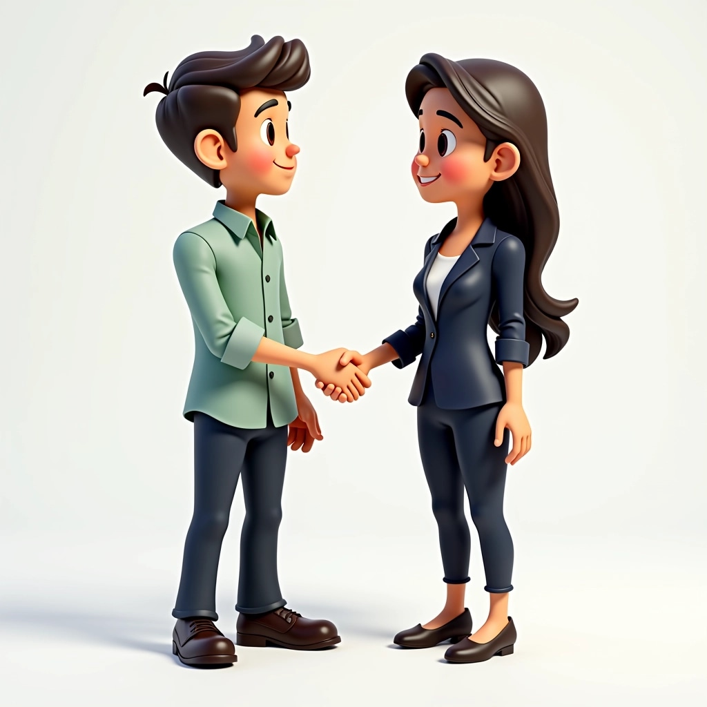 Create a 3D illustration of two animated characters shaking hands. One character is wearing a casual light green shirt with rolled-up sleeves and dark pants, while the other is in a tailored navy blazer and elegant shoes. The first character has short, wavy hair, and the second character has long, straight hair styled sleekly. Remove any brand logos or specific references, focusing on a generic professional setting.
