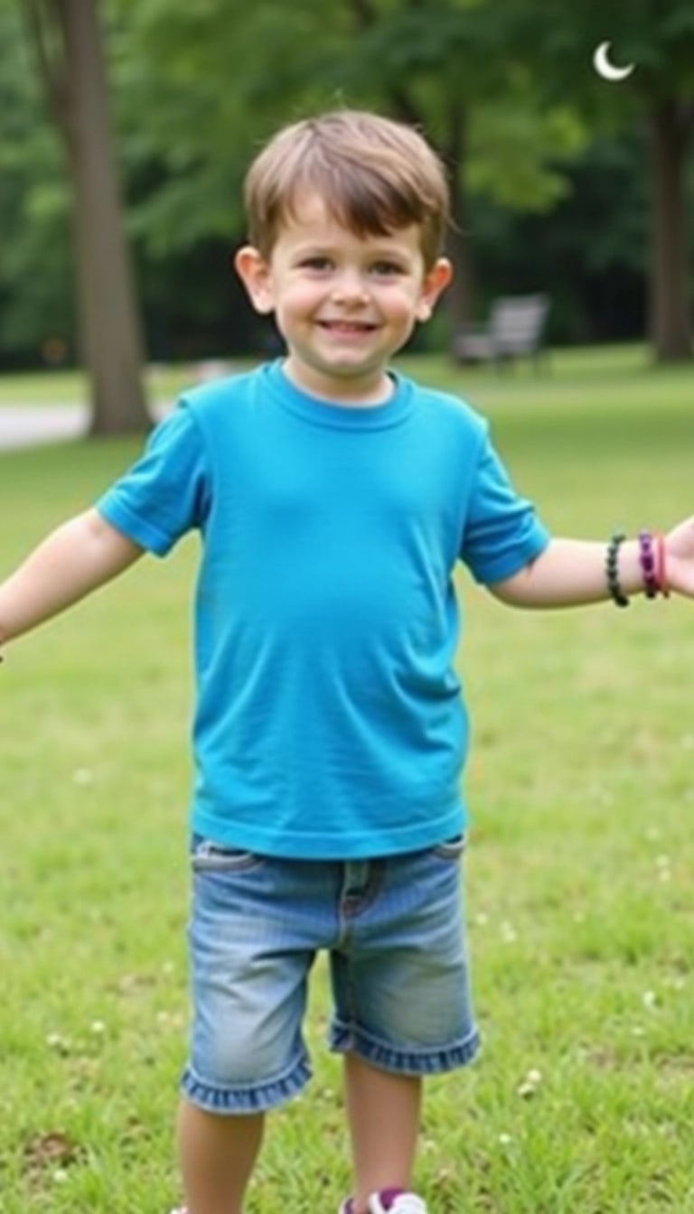 Create an image featuring a child standing with both arms extended outward. The child should be wearing a bright blue T-shirt without any logos or text, paired with casual shorts. Change the setting to a park with green grass and trees in the background. The child's hands should be open and relaxed, showing a natural pose. Remove any visible accessories like bracelets.