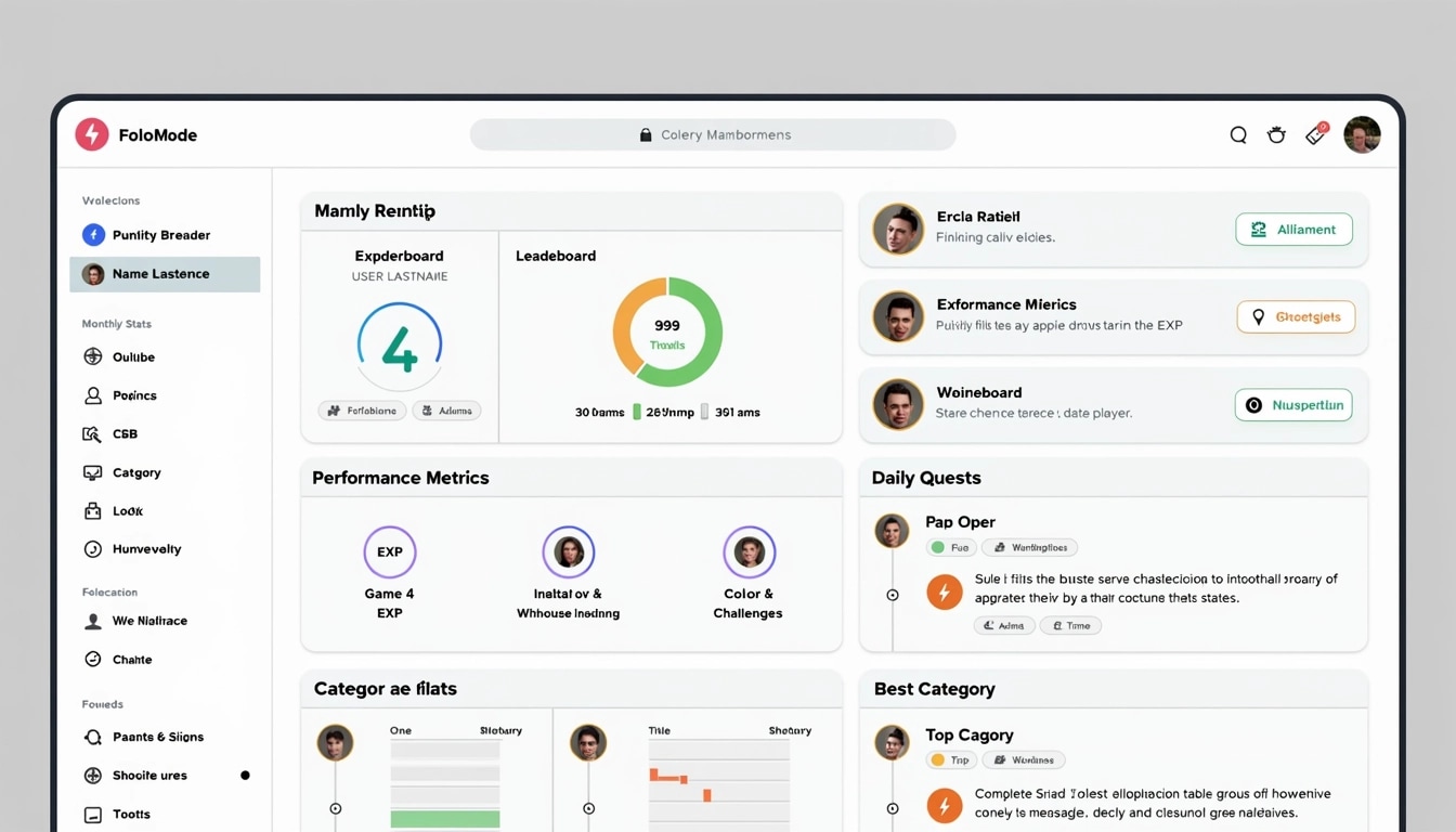 ### Design Breakdown (Modified)
1. **Header Section**:
- **User Display**: Replace "NAME LASTNAME" with "USER PROFILE".
- **Level Indicator**: Keep the lightning symbol but change "⚡ 4" to "LEVEL: 4".
- **Progress Bar**: Retain the green progress bar but label it "Experience Progress".
2. **Monthly Stats**:
- **Title Change**: Modify from "Monthly Stats" to "Leaderboard".
- **Table Format**: Use simple avatars instead of detailed images for friends.
- **Experience Points**: Maintain "EXP" but change the column title to "Points".
3. **Game Ratio Section**:
- **Title Change**: Change "Game Ratio" to "Performance Metrics".
- **Circle Graphs**: Keep the circle graphics but adjust labels to "Correct Attempts", "Incorrect Attempts", and "Games Played".
- **Color Adjustments**: Use a different color palette (e.g., green for correct, red for incorrect, blue for games played).
4. **Category Stats**:
- **Title Change**: Replace with "Knowledge Areas".
- **Visual Changes**: Use icons that represent generic categories (e.g., globe for geography, animal for wildlife).
- **Best Category Label**: Simply title it "Top Category" without specifics.
5. **Daily Quests Section**:
- **Title Change**: Change to "Daily Challenges".
- **Task Format**: Use simplified text for tasks (e.g., "Complete 3 Trivia Questions").
- **Progress Bar**: Adjust the completion bar to a different style (e.g., stripes instead of solid).
6. **Footer Section**:
- **Shop Button**: Replace existing shop reference with a "Rewards" icon and labels indicating points and coins without specific branding.
### Overall Theme:
- **Color Scheme**: Opt for a bright, fun color palette (like vibrant blues, oranges, and greens).
- **Font**: Use a modern sans-serif font for better readability.
- **Layout**: Maintain a grid layout for clarity but utilize rounded corners for all sections to give a softer look.