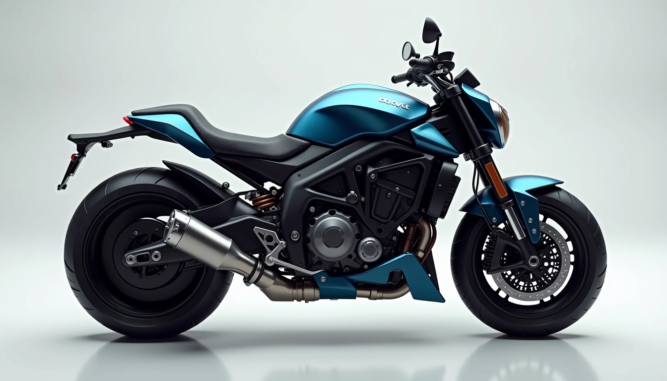 Design a motorcycle with a sleek, futuristic aesthetic. Change the color to a deep metallic blue and replace the sleek chrome accents with matte black finishes. Ensure the seat is streamlined and uses a textured fabric instead of leather. Remove any brand logos and decorative elements. Add a single sporty tail and a redesigned headlight with LED features. Adjust the luggage compartments to be integrated into the frame for a more seamless look. Lastly, include a digital dashboard with modern interface elements.