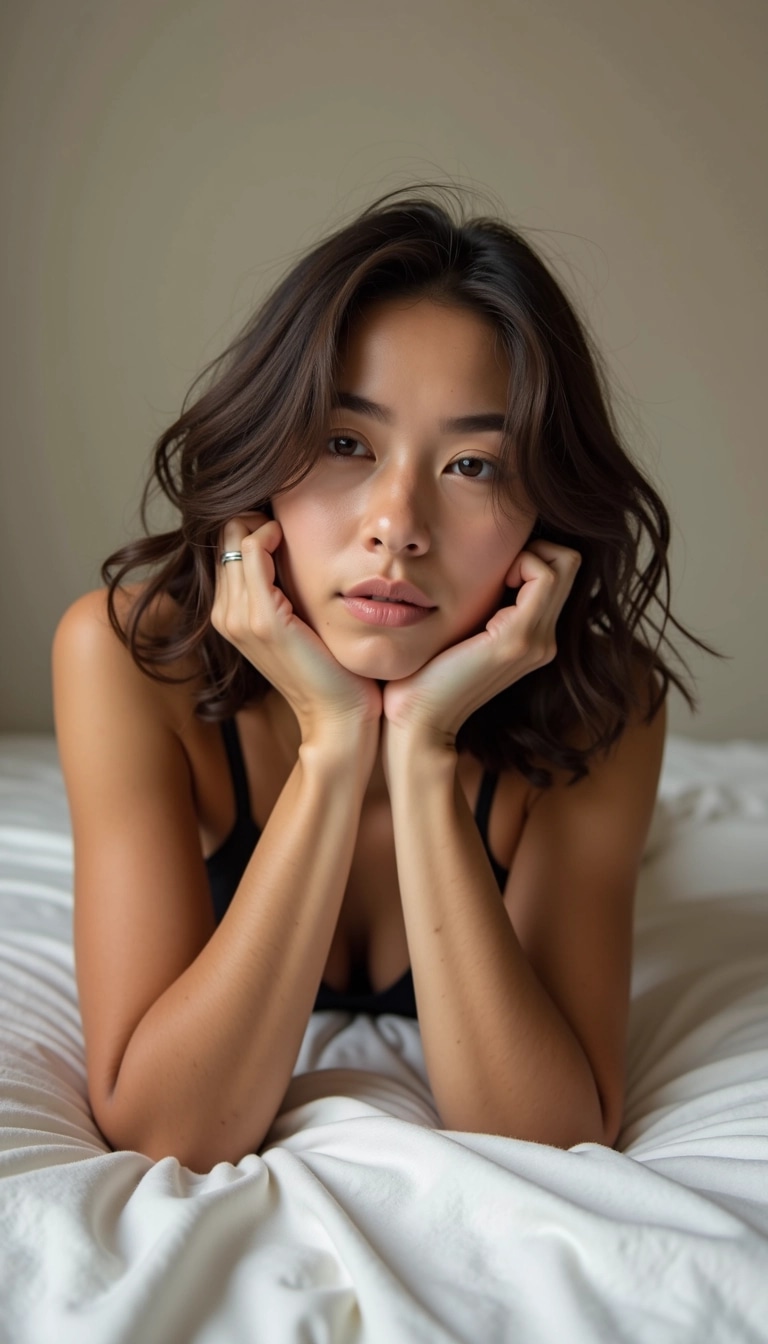 Design a composition featuring a person lying on their stomach, propped up on their elbows, with a soft, neutral background. The subject should have medium-length, wavy hair and a thoughtful expression, gazing off-camera. Change the skin tone to a warmer shade and remove any visible tattoos. The lighting should be soft and diffuse, creating gentle shadows that accentuate the contours of the figure without harsh contrasts. Focus on conveying a sense of calm and introspection.