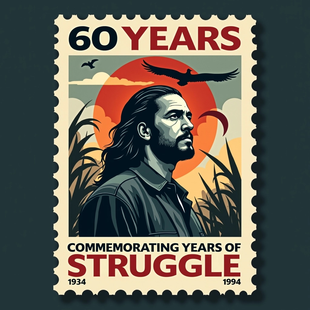 Create a design for a commemorative stamp in a vintage style. The stamp features a male figure with long hair and a serious expression, set against a backdrop of abstract shapes symbolizing struggle and resilience.
Include the following elements:
1. A prominent banner at the top with the text "60 Years" in bold type.
2. The years "1934" and "1994" displayed prominently at the bottom.
3. Replace any specific symbols with generic representations of hope, such as a rising sun or birds.
4. Use a decorative border that mimics the look of traditional stamps but avoids any brand references.
5. Add a caption that reads "Commemorating Years of Struggle," without specific names.
Aim for a moody color palette with deep tones and contrasting highlights to evoke a sense of weight and history.