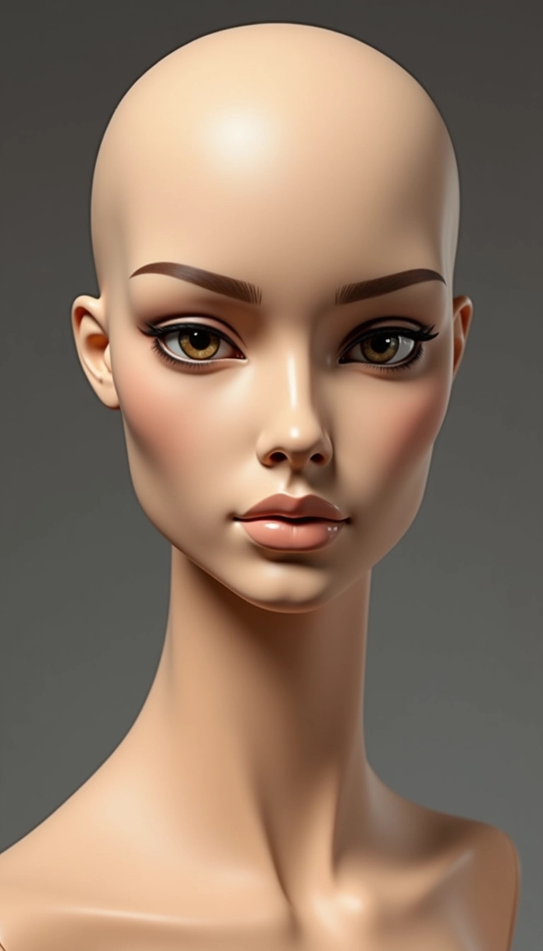 Create a mannequin design featuring a more angular jawline and larger, almond-shaped eyes. Alter the color of the skin to a warm tan tone and replace the thin wire hair net with a smooth, seamless head surface. The expression should be more neutral, with slightly upturned lips. Remove any textual brand references from the design.